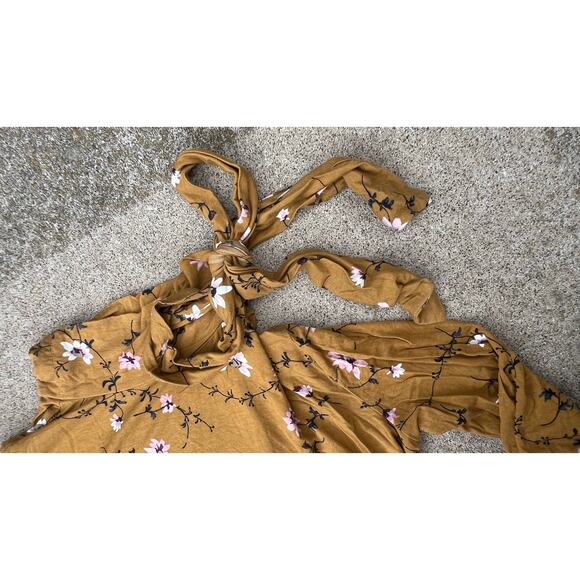 Ann Taylor Shirt Women Size Medium Mustard Floral Tie Neck Long Sleeve Blouse - Picture 3 of 5